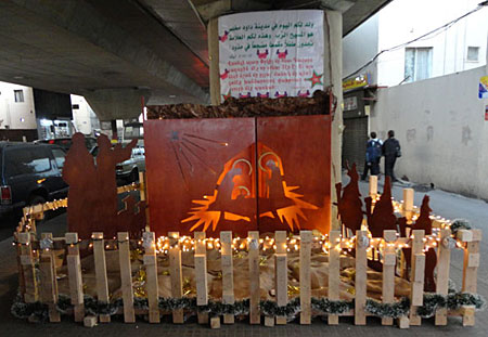 The nativity manger scene set up under the Bourj Hammoud bridge.